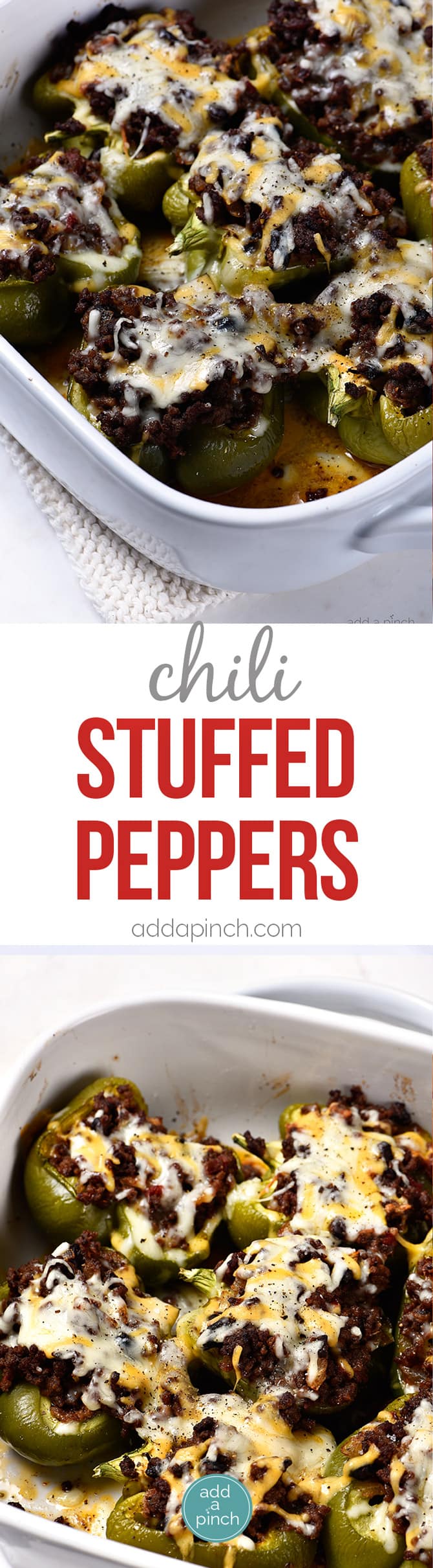 Chili Stuffed Peppers make an easy and delicious meal! This recipe includes great make-ahead and freezer-friendly tips to make this dish even easier for busy weeknights! // addapinch.com