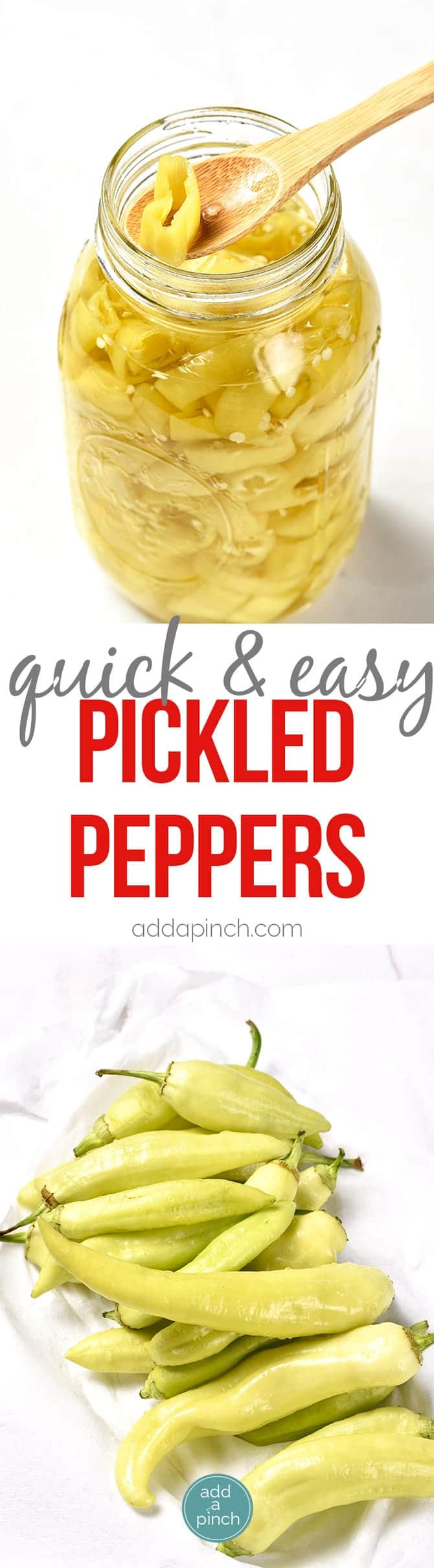 Easy Pickled Peppers Recipe - Estes Pickled Peppers fazem uma maneira rápida e fácil de preservar a sua banana, jalapeno e outros tipos de pimentos! Perfeito para usar durante todo o ano em pratos como pizzas, sopas, saladas, sanduíches e muitos mais! // addapinch.com