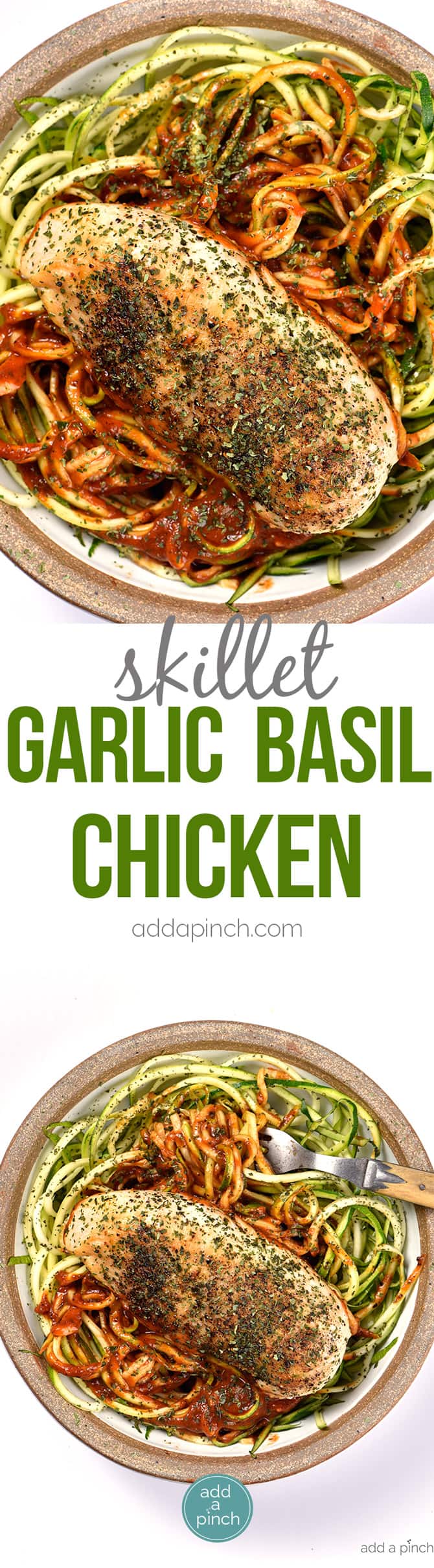 Skillet Garlic Basil Chicken Recipe - This quick and easy, one skillet Garlic Basil Chicken recipe comes together quickly for a fresh, delicious meal the whole family will love! Made with less than 10 ingredients and ready in less than 30 minutes! // addapinch.com