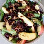 Apple Cranberry Spinach Salad Recipe - This Apple Cranberry Spinach Salad recipe is loaded with crisp apples, crunchy pecans or walnuts, and sweet cranberries and topped with a delicious apple cider vinaigrette dressing that is simply amazing! The perfect fall salad! // addapinch.com