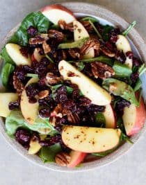Apple Cranberry Spinach Salad Recipe - This Apple Cranberry Spinach Salad recipe is loaded with crisp apples, crunchy pecans or walnuts, and sweet cranberries and topped with a delicious apple cider vinaigrette dressing that is simply amazing! The perfect fall salad! // addapinch.com