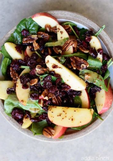 Apple Cranberry Spinach Salad Recipe - This Apple Cranberry Spinach Salad recipe is loaded with crisp apples, crunchy pecans or walnuts, and sweet cranberries and topped with a delicious apple cider vinaigrette dressing that is simply amazing! The perfect fall salad! // addapinch.com