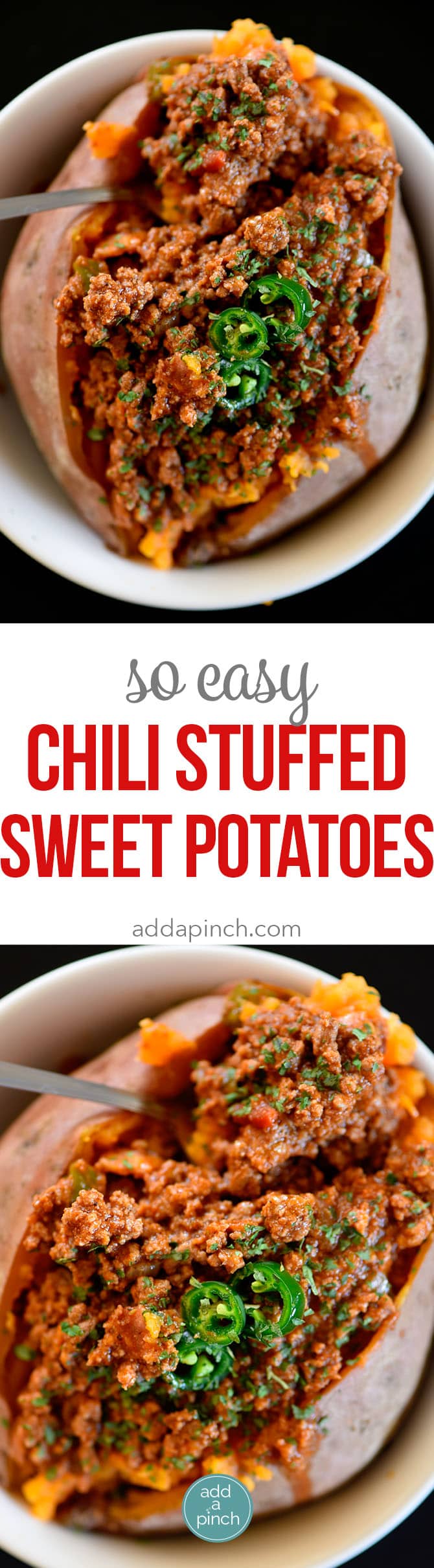 Chili Stuffed Sweet Potatoes Recipe - Chili Stuffed Sweet Potatoes makes a quick and easy meal! Ready and on the table in 30 minutes or a great make-ahead meal for even easier weeknights! // addapinch.com