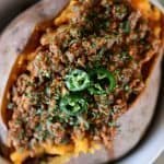 Chili Stuffed Sweet Potatoes Recipe - Chili Stuffed Sweet Potatoes makes a quick and easy meal! Ready and on the table in 30 minutes or a great make-ahead meal for even easier weeknights! // addapinch.com