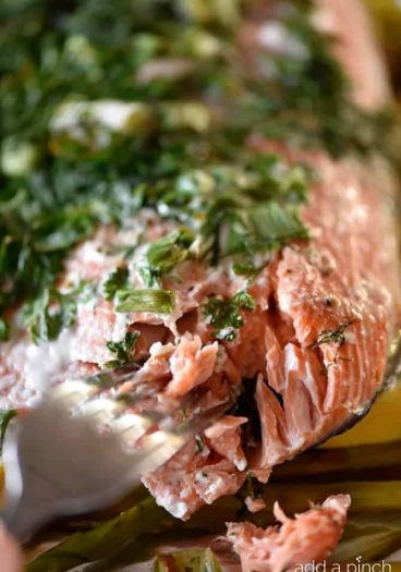 Herb Crusted Salmon in Foil Recipe - A quick and easy baked salmon recipe perfect for a busy weeknight or serving when company comes! A one pan meal that everyone loves made of asparagus, lemon, salmon, topped with an herb crust and baked until tender and delicious! // addapinch.com