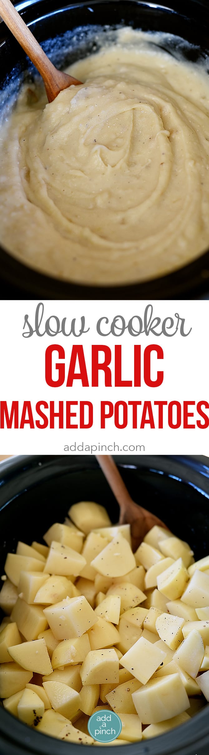 Slow Cooker Garlic Mashed Potatoes Recipe - This Slow Cooker Garlic Mashed Potatoes recipe makes an easy way to make a favorite side dish by letting the slow cooker do all the hard work! // addapinch.com