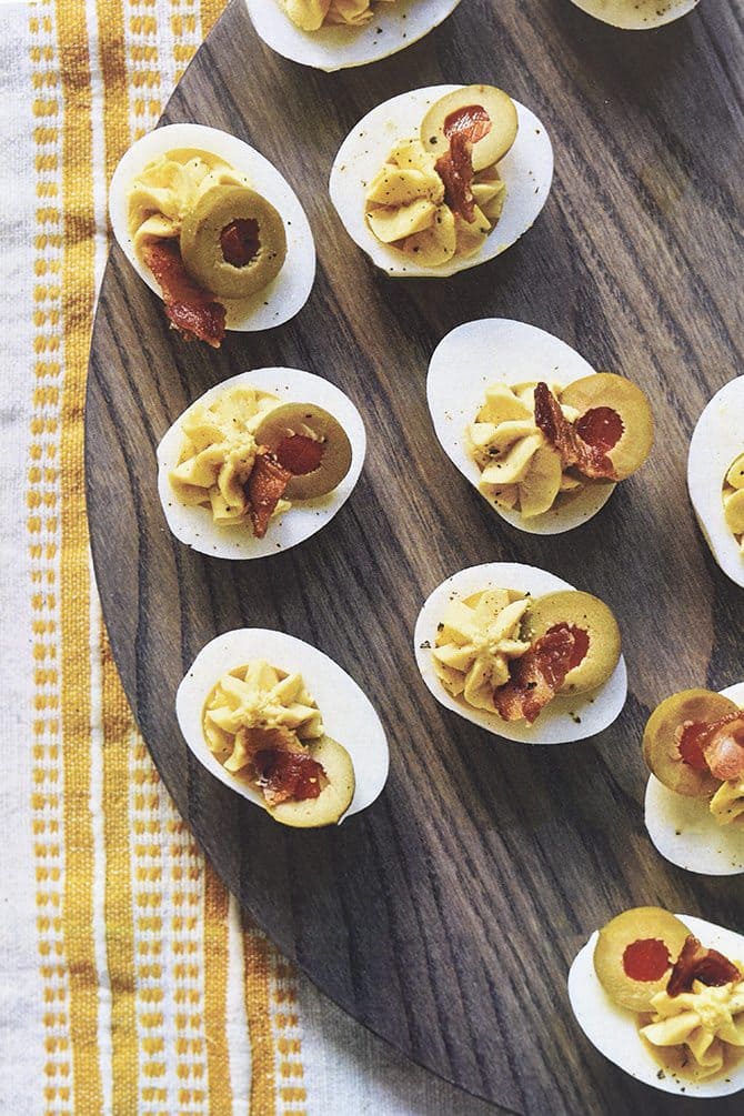 Bacon and Olive Deviled Eggs Recipe - Add a Pinch Cookbook // addapinch.com