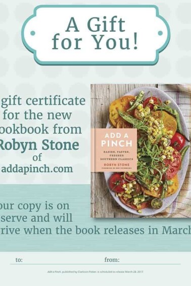 Add a Pinch Cookbook Gift Certificate Printable - Download and print a gift certificate for the Add a Pinch Cookbook to give to your friends and family to let them know you've preordered a copy of the cookbook for them!