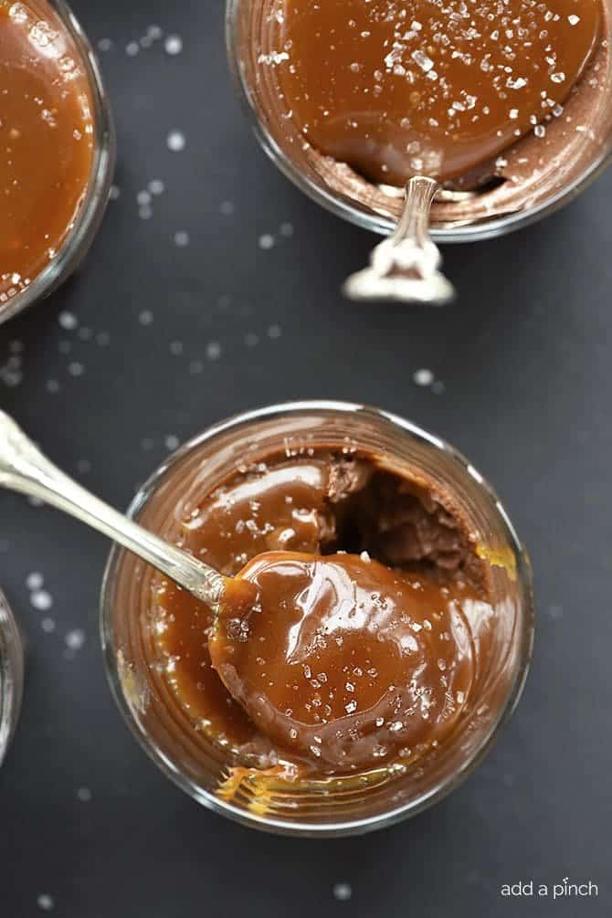 Chocolate Pots de Creme with Salted Caramel Sauce Recipe - This Chocolate Pots de Creme with Salted Caramel Sauce recipe makes a delicious, no bake dessert! Easy make ahead instructions for even easier entertaining! // addapinch.com