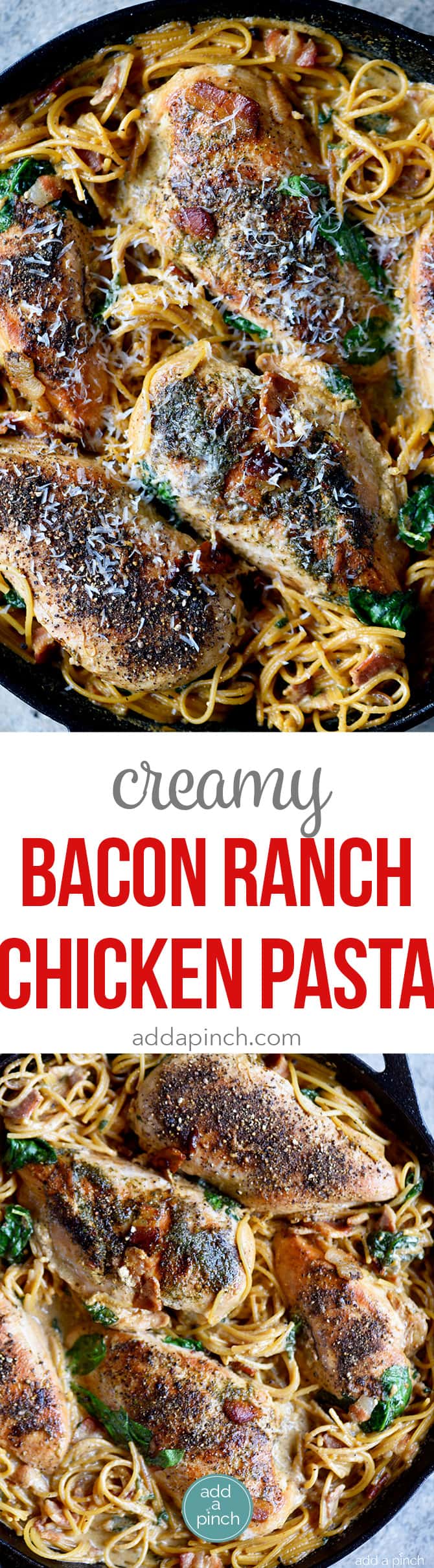 This Creamy Bacon Ranch Chicken Pasta recipe is a quick and easy recipe where everything cooks in one skillet! A family weeknight favorite! // addapinch.com