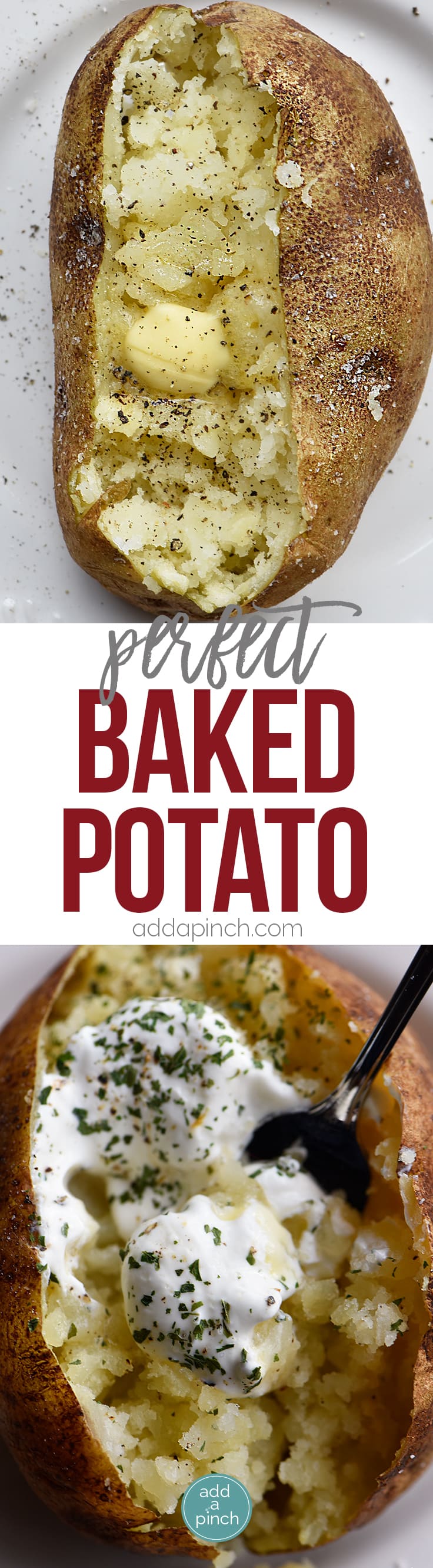 Perfect Baked Potato Recipe - The perfect baked potato recipe for a crispy, golden skin and a fluffy, tender inside. Learn how to make the best baked potatoes every time! // addapinch.com