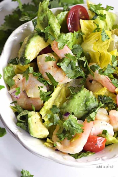 Cilantro Lime Shrimp Avocado Salad Recipe - This Cilantro Lime Shrimp Avocado Salad recipe has all the flavors of summer in every delicious bite! So quick and easy to toss together and perfect for a lunch or a light supper! // addapinch.com