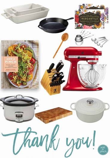 Add a Pinch Cookbook Kitchen Essentials Thank You Giveaway! // addapinch.com