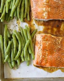 Sheet Pan Teriyaki Salmon with Green Beans Recipe - This Sheet Pan Teriyaki Salmon with Green Beans recipe comes together in a snap! Ready and on the table in less than 30 minutes, it is a definite family favorite meal! // addapinch.com