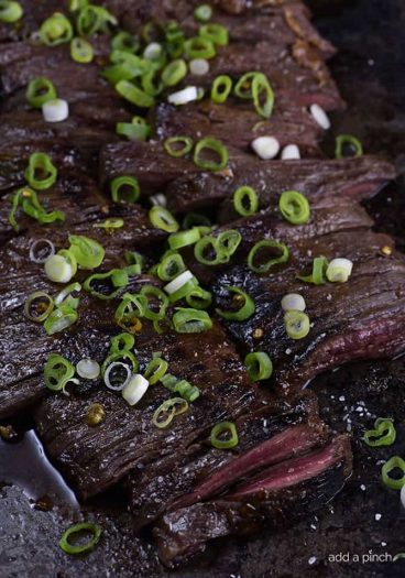Honey Soy Skirt Steak Recipe - This honey, soy, garlic, and ginger marinade is delicious with ribeye, flank or skirt steak! Skirt steak cooks quickly, making it perfect for a weeknight, or weekend favorite! // addapinch.com