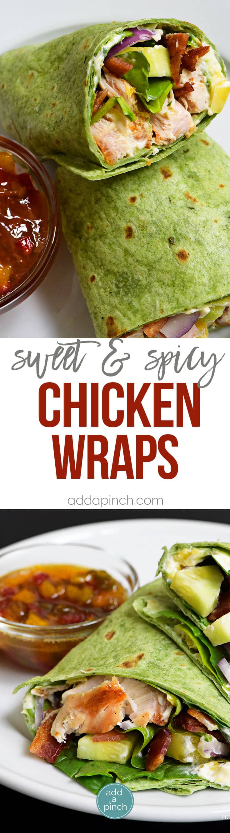 Sweet and Spicy Chicken Wraps - Quick, easy and oh so delicious! This chicken wraps recipe is made with chicken, bacon, cucumbers, red onions, and a special sweet and spicy spread! // addapinch.com