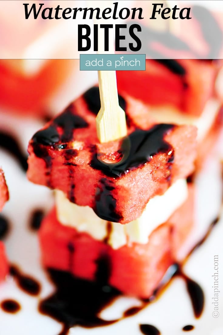 Watermelon Feta Bites drizzled with homemade Balsamic Glaze are speared with wooden party picks for serving - with text - addapinch.com