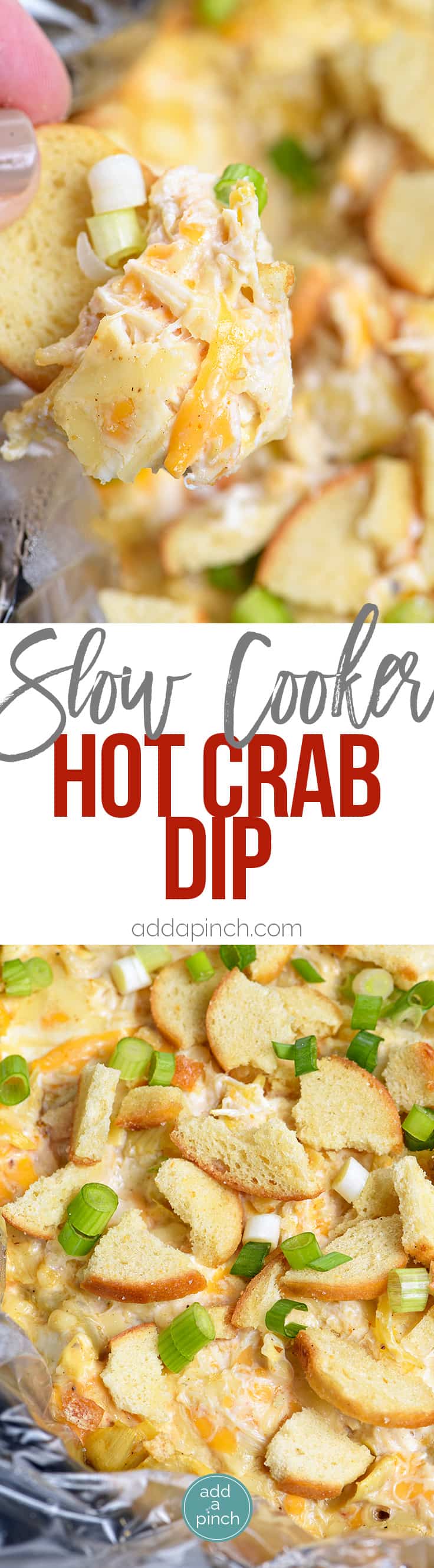 Slow Cooker Hot Crab Dip Recipe - A delicious hot crab dip recipe made even easier with the slow cooker! Serve with butter crackers or toasted bagels! Always a party favorite! // addapinch.com