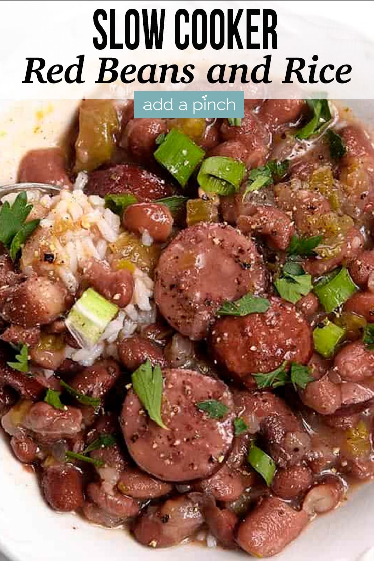 Bowl of Slow Cooker Red Beans and Rice - with text - addapinch.com
