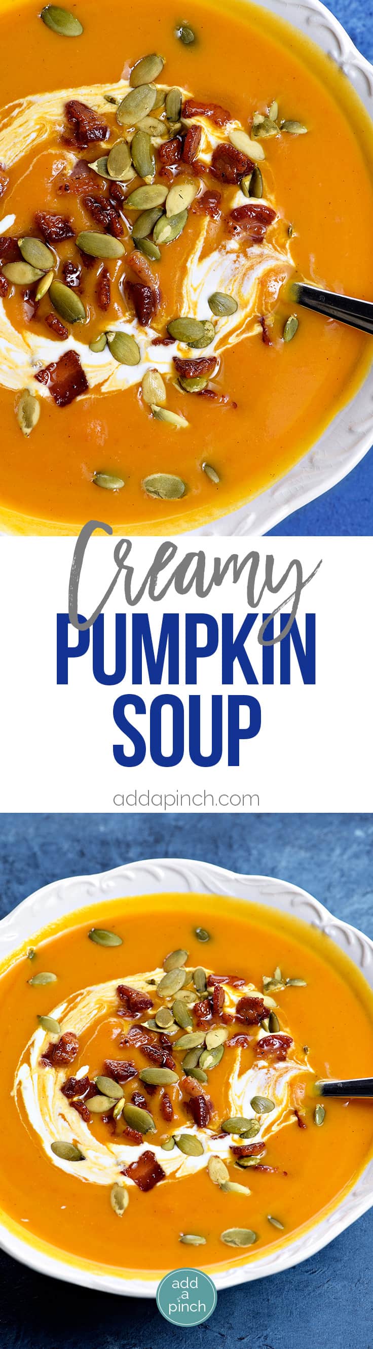 Creamy Pumpkin Soup Recipe - This classic pumpkin soup recipe is creamy, dreamy and made without cream! Quick and easy, this pumpkin soup comes together in a snap for simple weeknight or when entertaining through the holidays! // addapinch.com