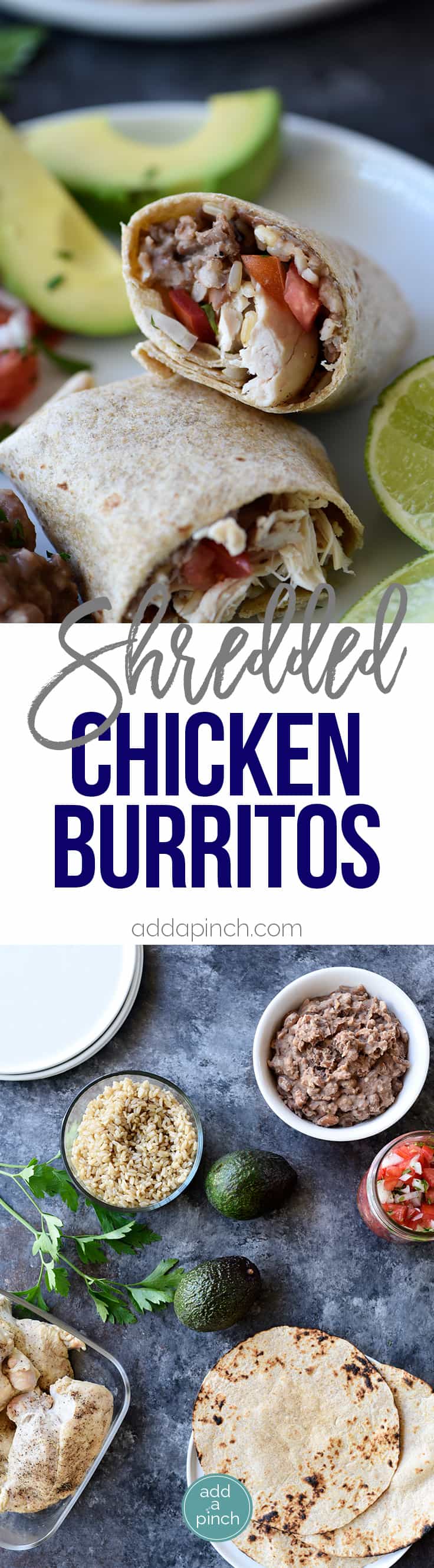 Shredded Chicken Burritos Recipe - This traditional chicken burrito makes a quick and easy meal comes together in a snap for a favorite lunch or supper! // addapinch.com