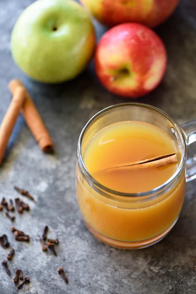Homemade Apple Cider in glass mug garnished with cinnamon stick, surrounded by fresh apples and spices // addapinch.com