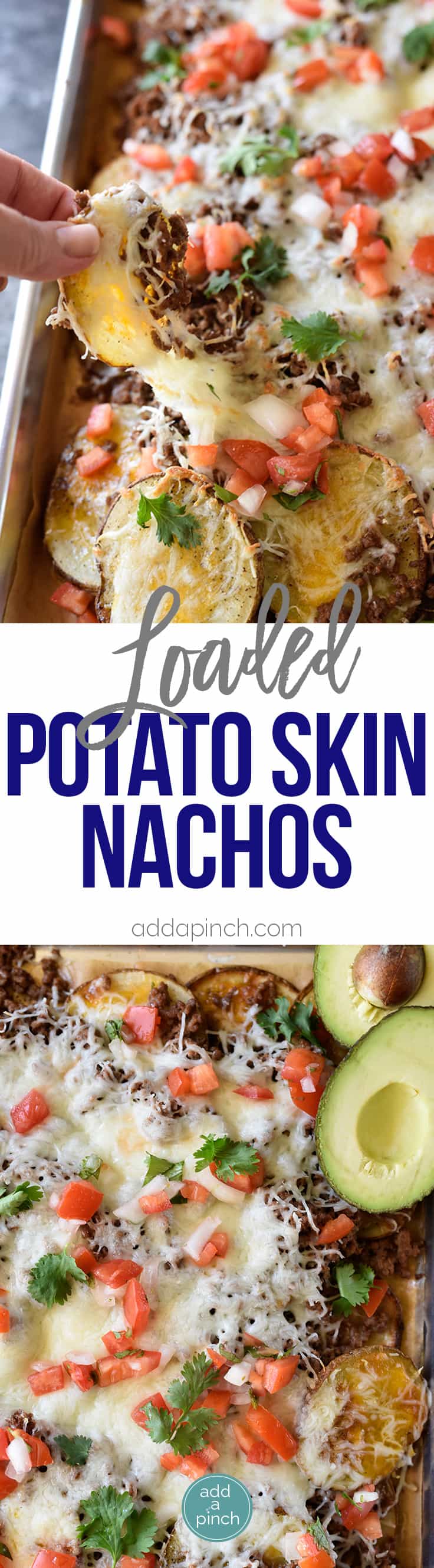 Loaded Potato Skin Nachos Recipe - These nachos will quickly become a favorite with the blend of loaded potato skins and spicy nachos all in one! // addapinch.com