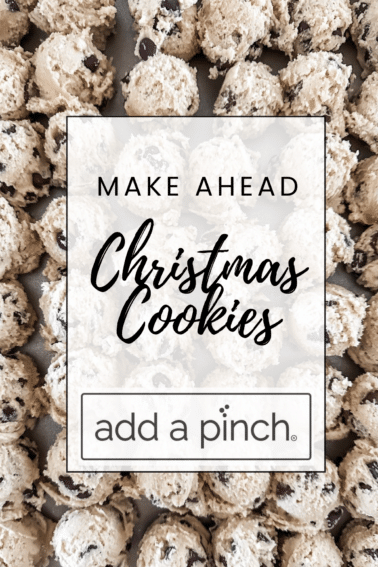 Frozen cookie dough on a sheet pan with text overlay reading, "Make Ahead Christmas Cookies".