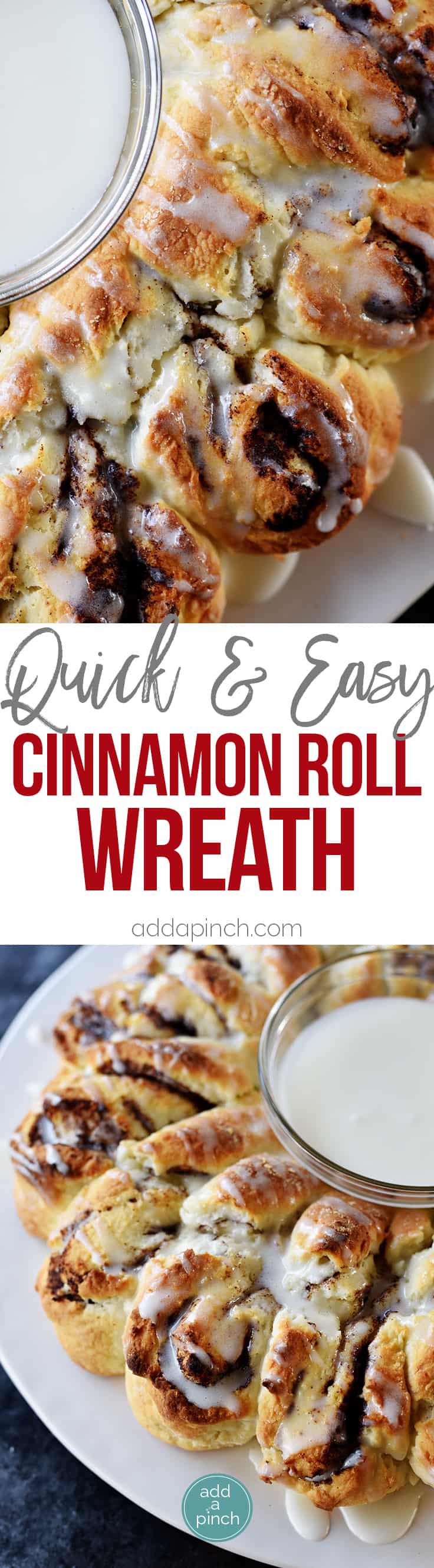 Cinnamon Roll Biscuit Wreath Recipe - Quick and easy this treat has everything you love about a cinnamon roll with the ease of a biscuit in the shape of a festive wreath! // addapinch.com