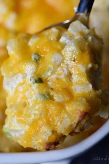 Hashbrown Casserole Recipe - A cheesy potato side dish that comes together in a snap! Perfect to serve when entertaining and a staple on the holiday table! // addapinch.com