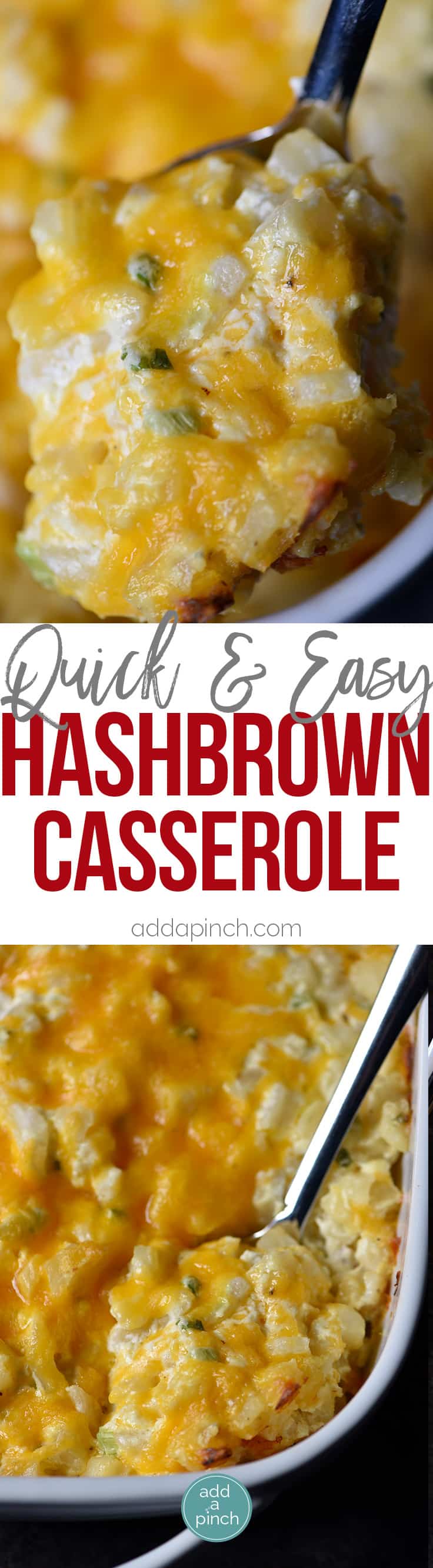 Hashbrown Casserole Recipe - A cheesy potato side dish that comes together in a snap! Perfect to serve when entertaining and a staple on the holiday table! // addapinch.com