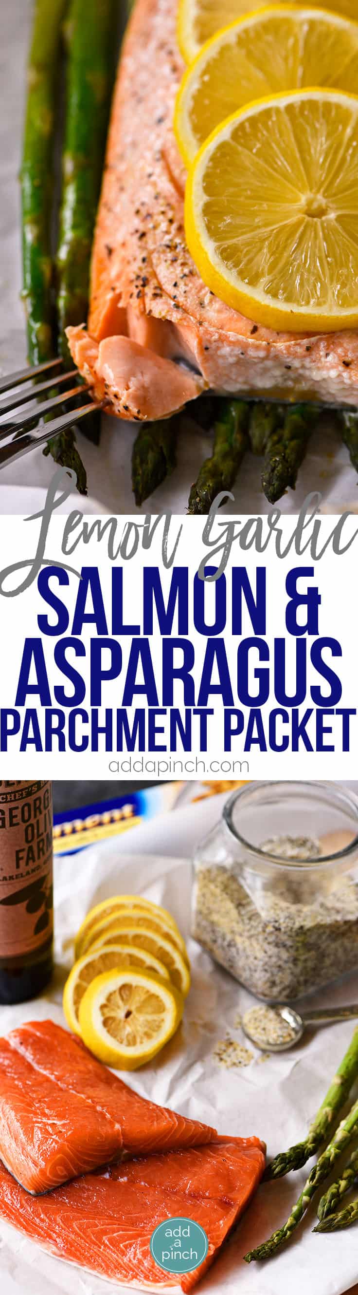 Lemon Garlic Salmon and Asparagus Parchment Packet Recipe - This quick and easy recipe comes together in a snap and is ready and on the table in 15 minutes! // addapinch.com