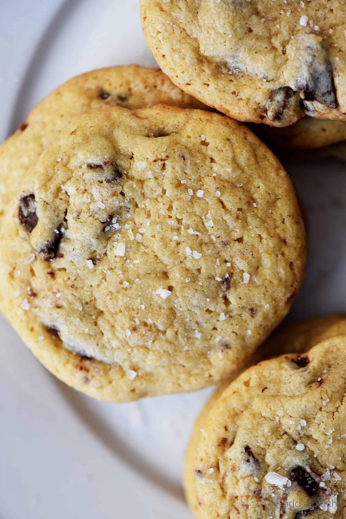 Photograph of chocolate chip cookies on a white plate.