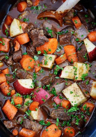 Slow Cooker Beef Bourguignon Recipe - A classic beef bourguignon recipe made easy in the slow cooker! Loaded with vegetables, beef, and a thick, rich sauce perfect for entertaining or busy weeknights! // addapinch.com