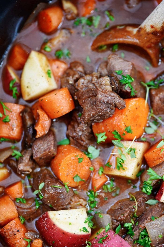 Closeup of Slow Cooker Beef Bourguignon.