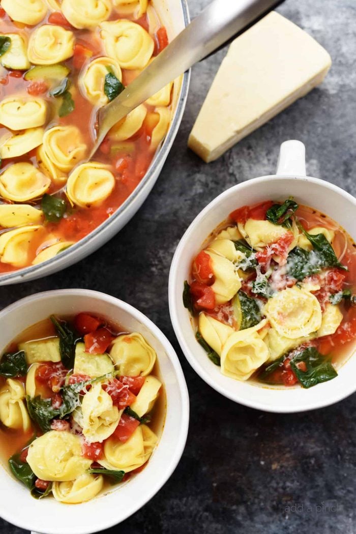 Vegetable Tortellini Soup Recipe - This quick and easy vegetable tortellini soup comes together in minutes for a flavorful soup recipe loaded with vegetables and delicious bites of tortellini. // addapinch.com