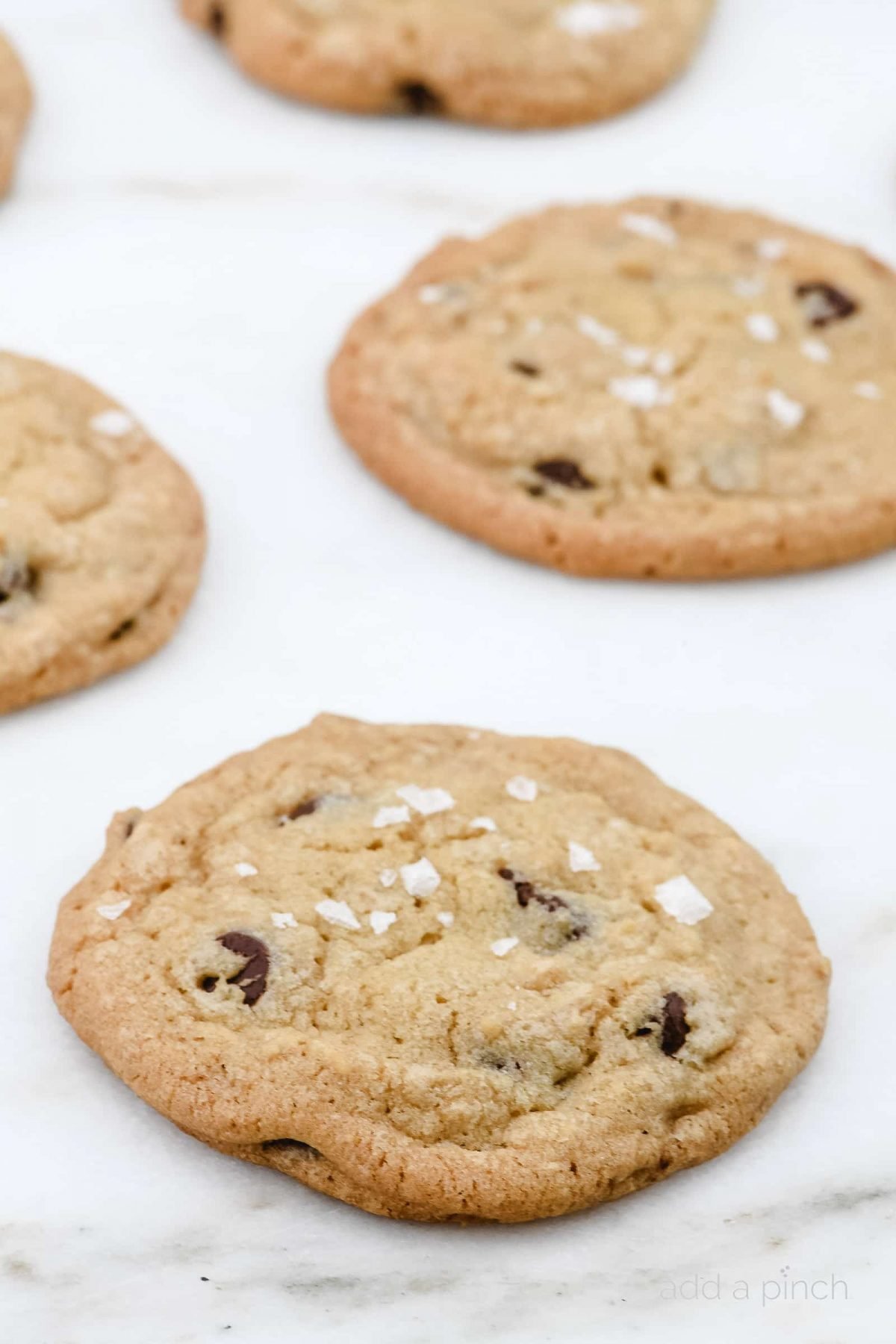 Chocolate chip cookies finished with flake salt.