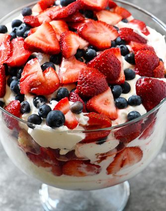 Blueberry Strawberry Trifle Recipe - This classic trifle recipe is layered with vanilla cake, whipped cream, vanilla pudding and fresh blueberries and strawberries for a delicious, crowd-favorite dessert. // addapinch.com