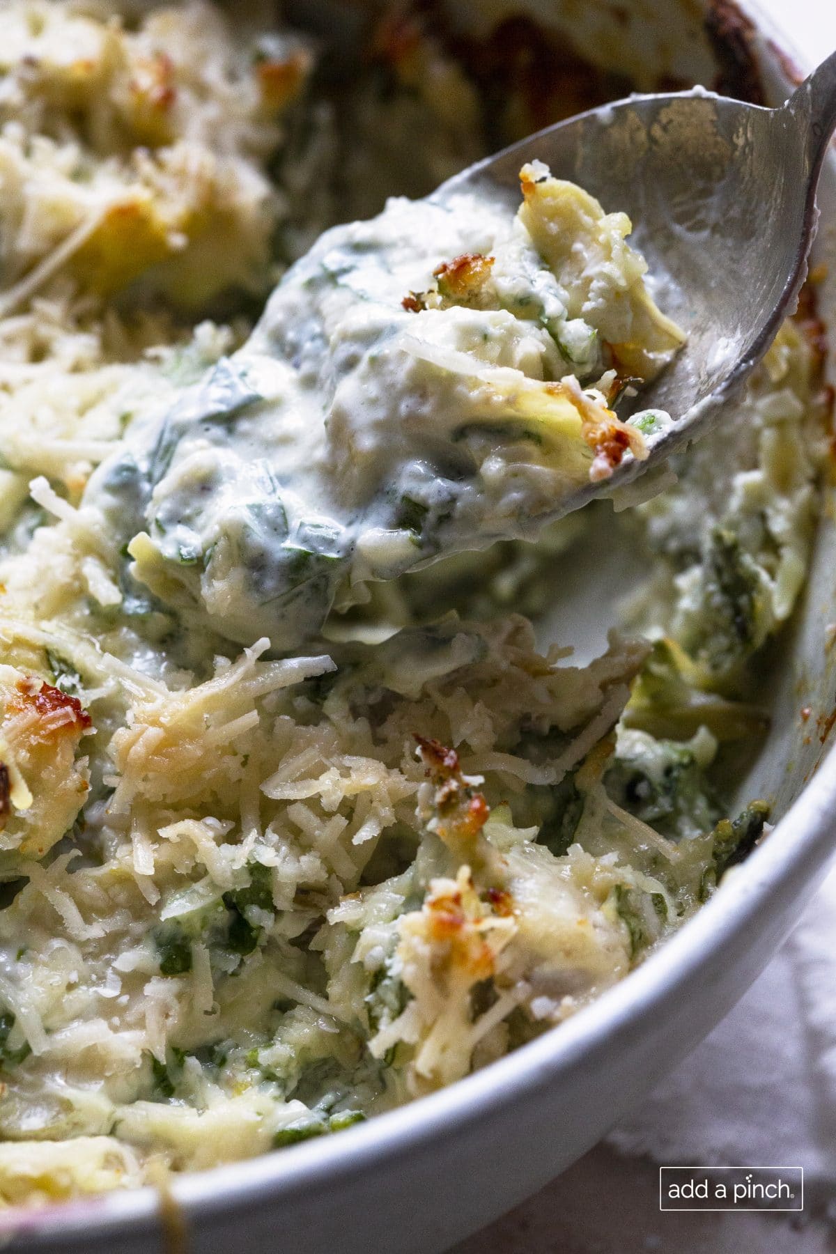 Baking dish with cheese topped spinach artichoke dip being spooned out to serve.