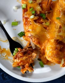 Buffalo Chicken Enchiladas Recipe - These quick and easy buffalo chicken enchiladas are so simple, yet scrumptious! Ready and on the table in 30 minutes! // addapinch.com