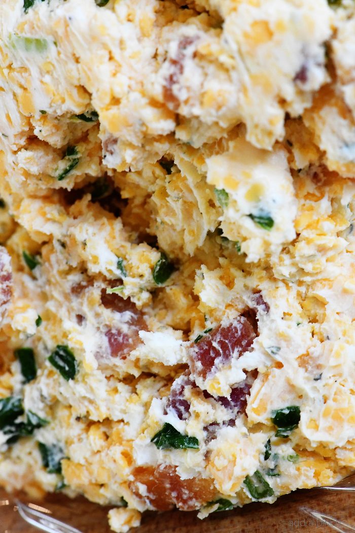 Bacon Ranch Cheese Ball Recipe - This creamy, dreamy cheese ball melds together bacon, ranch seasoning, and is the encased in chopped pecans. Perfect for easy entertaining! // addapinch.com