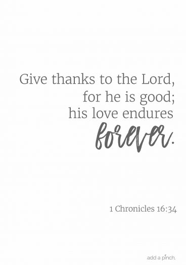 Give thanks to the Lord, for he is good; his love endures forever. 1 Chronicles 16:34 // addapinch.com