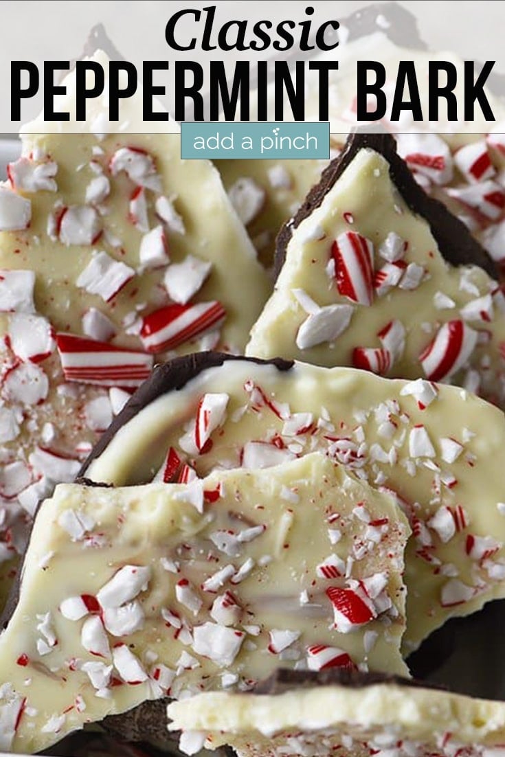 Peppermint Bark pieces on a white serving dish - with text - addapinch.com