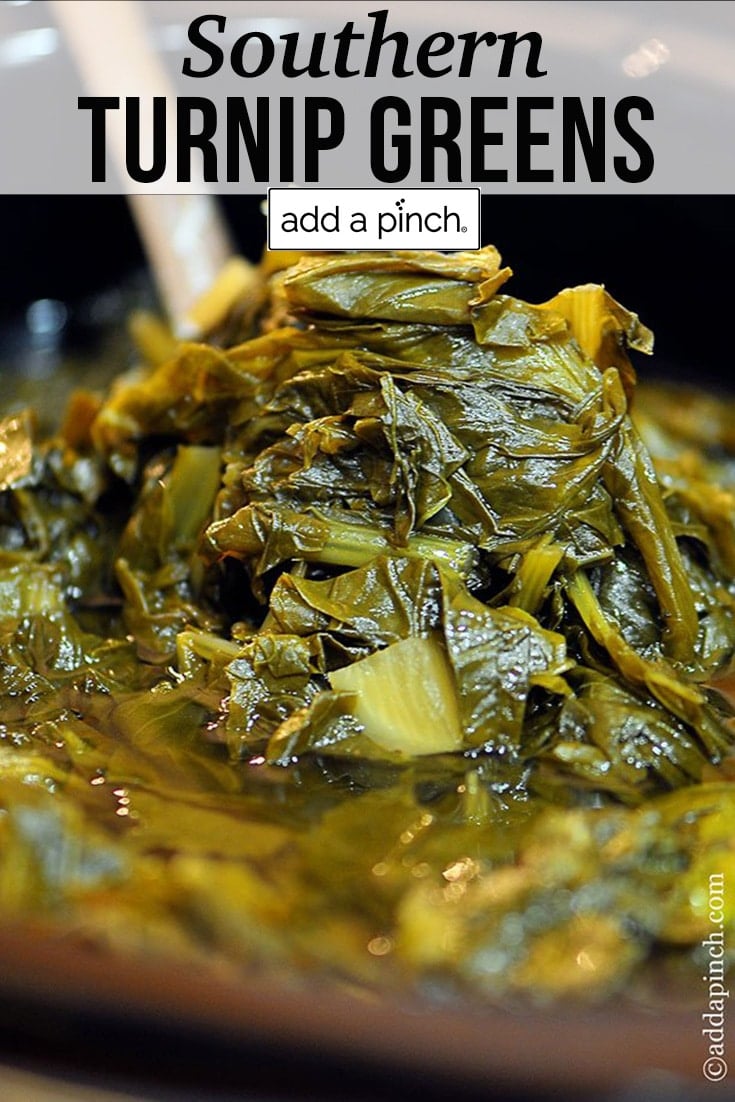 Bowl of turnip greens, with text - addapinch.com