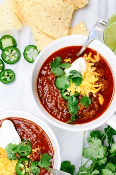The Best Instant Pot Chili Recipe - This easy Instant Pot Chili is ready in 30 minutes, yet tastes like it has been simmering for hours!  // addapinch.com