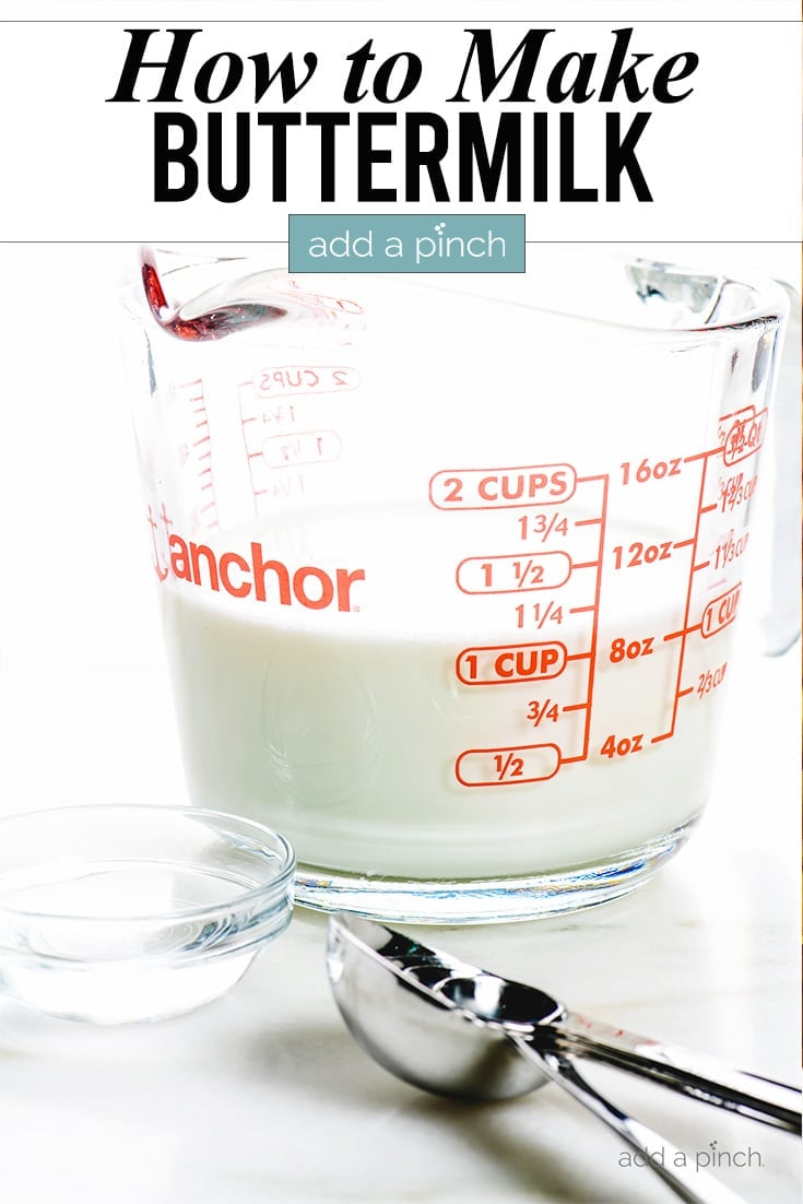 Cup of Buttermilk Substitute in glass measuring cup photo with text - addapinch.com