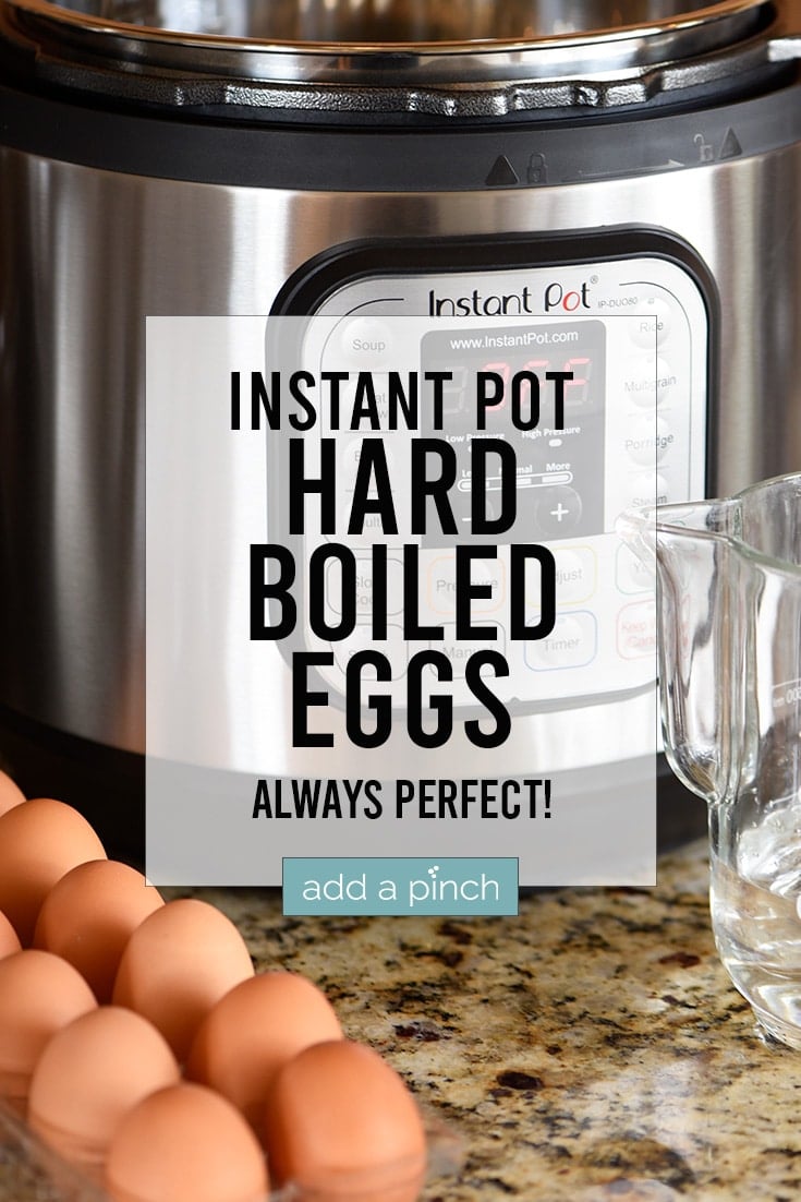 Photograph of eggs, Instant Pot and measuring cup on a countertop with title text overlay.
