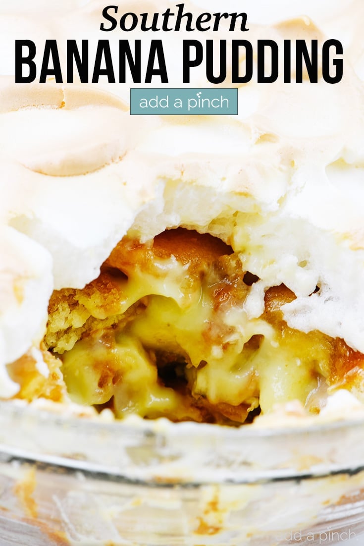 Southern Banana Pudding topped with fluffy meringue - with text - addapinch.com