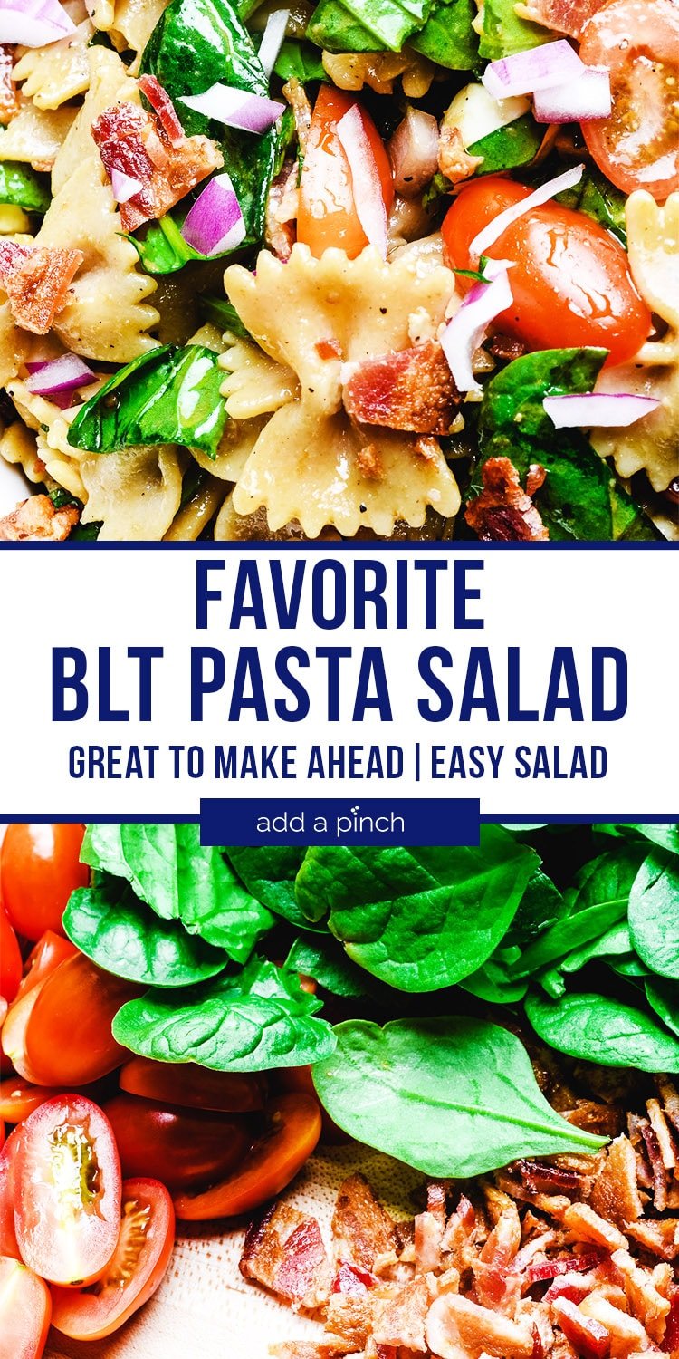 BLT Pasta Salad on plate and photo of bacon, spinach and tomato - with text - addapinch.com