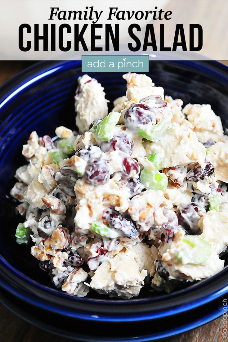 Chicken Salad with Grapes Nuts and Celery in blue bowl -with text - addapinch.com